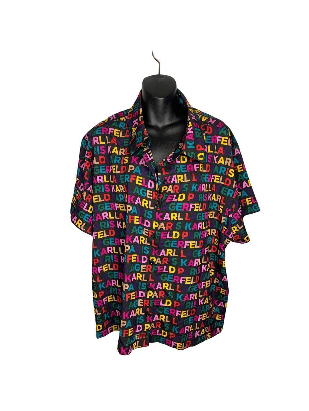 Karl Lagerfeld Short Sleeve Button down Black Logo Multi Color Blouse Women's 2x